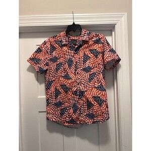 Brother Threads Mens Size Large  Short Sleeve Patriotic Button Up Shirt Flags